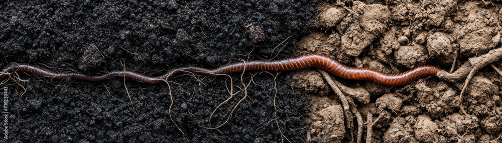 close up of rich dark soil with worm and tiny roots visible, showcasing nature ecosystem close up of rich dark soil with worm and tiny roots visible, showcasing nature ecosystem