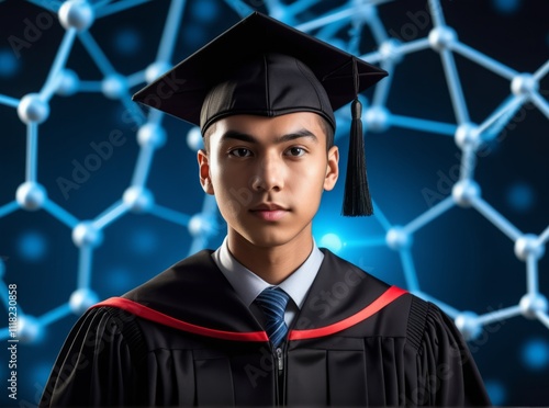 Young male graduate celebrates academic accomplishment with a modern background featuring molecular structures photo