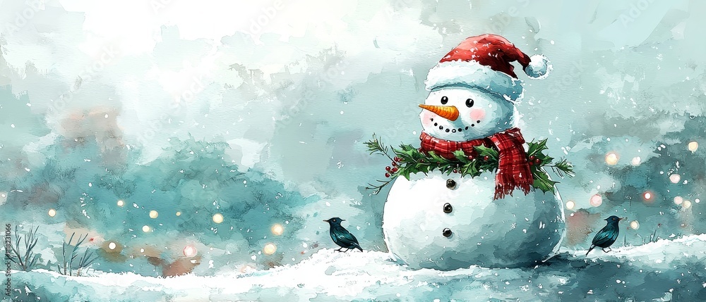 Fototapeta premium A cheerful snowman wearing a red hat and scarf sits in a snowy landscape, surrounded by birds and sparkling snowflakes.