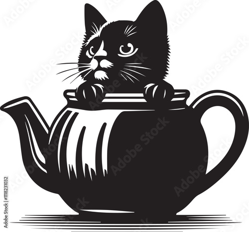 Cat peeking out of a teapot black silhouette vector