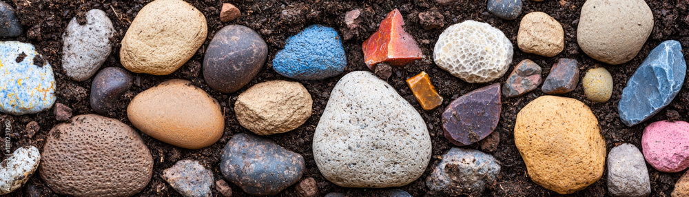 Colorful minerals and stones embedded in rich, dark soil create vibrant texture Colorful minerals and stones embedded in rich, dark soil create vibrant texture