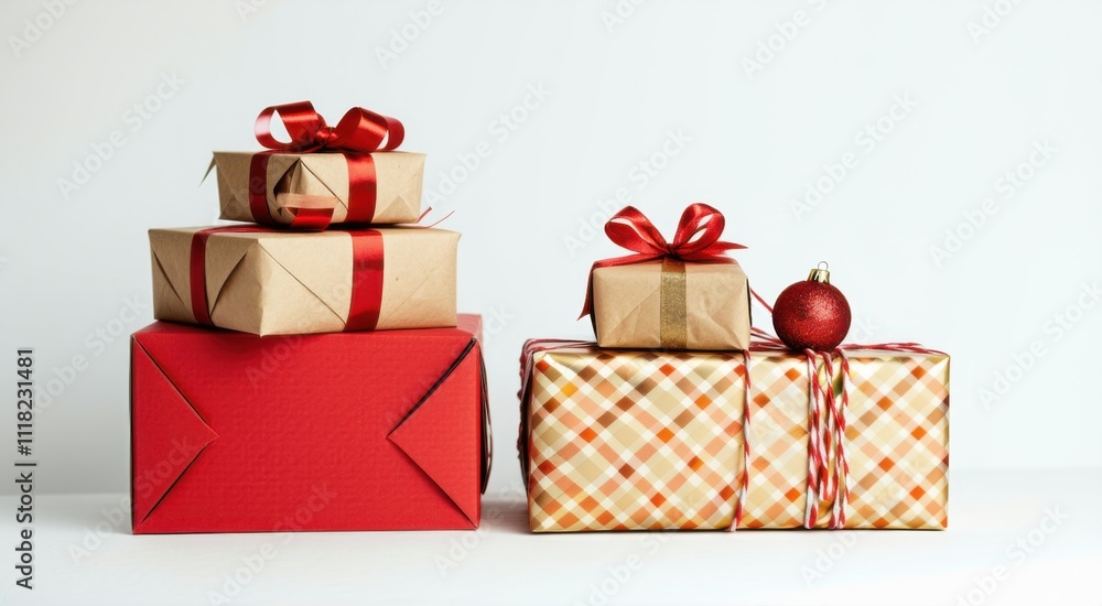 Obraz premium Boxes with presents on them sitting on a table, space for text