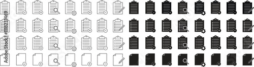 Checklist icon set with check mark document gear pencil tables analytics questionnaire notes and notebooks on a clipboard symbol flat and line vector collection isolated on transparent background.