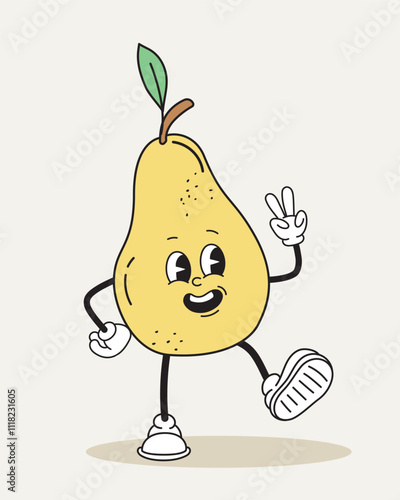 Pear retro character. Fictional character for cartoons. Toy and mascot walking. Emotions and feelings, expression. Poster or banner for website. Flat vector illustration