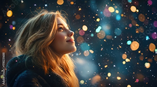 Woman looks up at sparkling lights, glowing with joy and happiness.