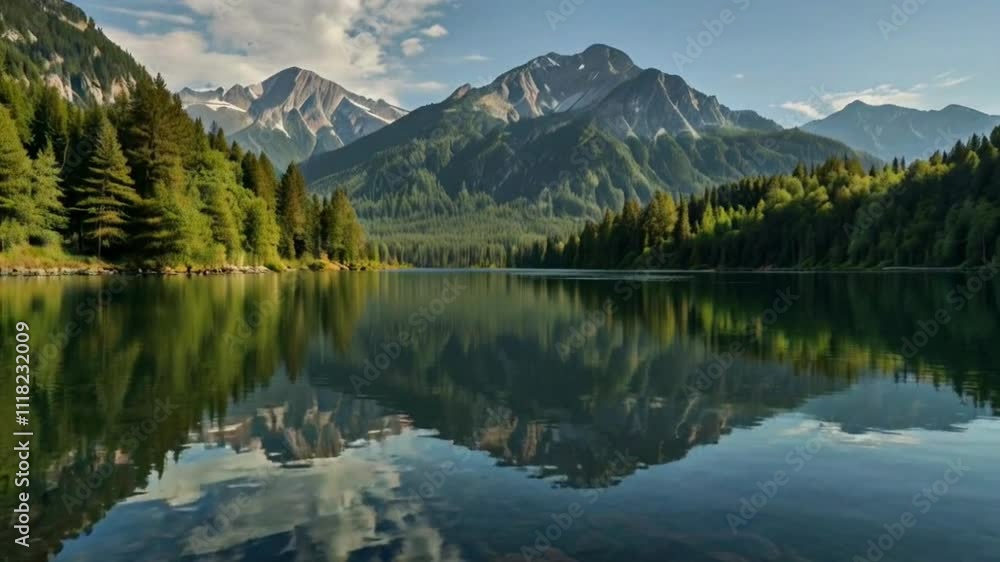 A calm lake reflecting mountains and forests. Trees line the shores A calm lake reflecting mountains and forests. Trees line the shores