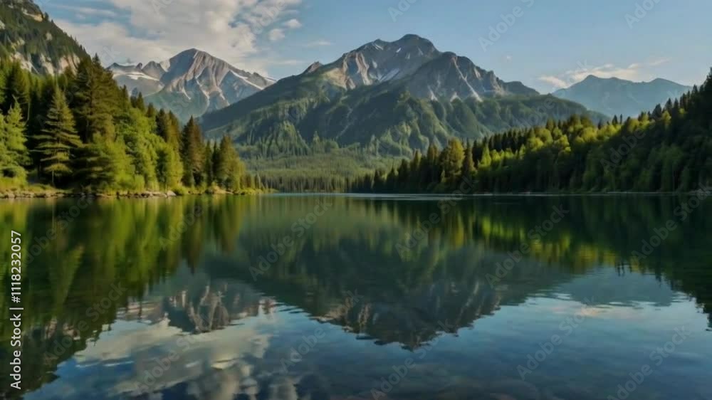 A calm lake reflecting mountains and forests. Trees line the shores A calm lake reflecting mountains and forests. Trees line the shores