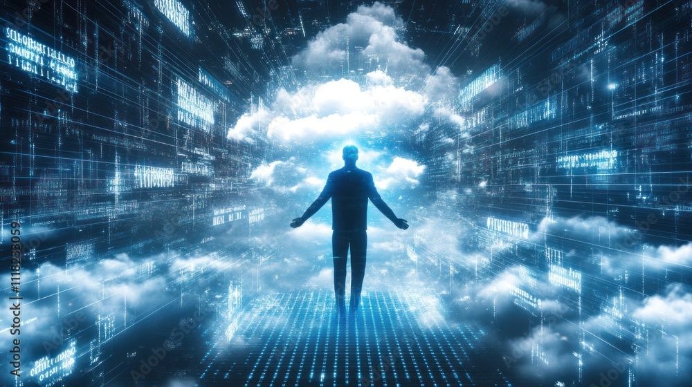 A human merging into a digital cloud, surrounded by AI code and holographic visuals, A human merging into a digital cloud, surrounded by AI code and holographic visuals,