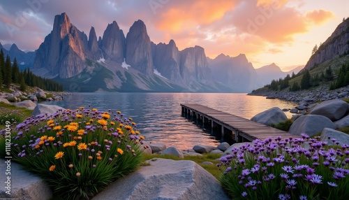 Scenic Mountain Landscape with Vibrant Flowers at Sunset