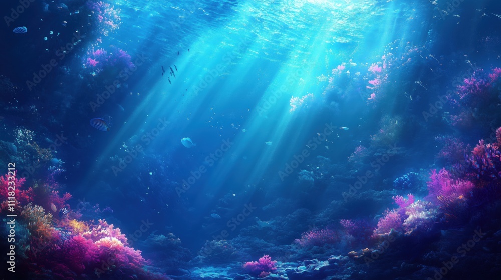 Ethereal underwater abyss with soft, cascading blue sunlight creating a peaceful, deep ocean atmosphere Ethereal underwater abyss with soft, cascading blue sunlight creating a peaceful, deep ocean atmosphere