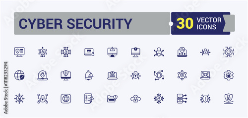 Cyber Security line web icon set. Includes thin line password, access, police, leak, datum and more. Simple line vector. Outline and solid pictogram.