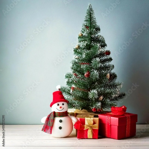 a christmas card with a snowman and a christmas tree on the background.