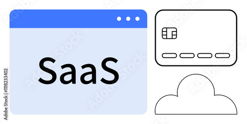 SaaS concept represented by a software window labeled SaaS, a credit card, and a cloud symbol. Ideal for software solutions, cloud computing, online payments, digital services, financial tech