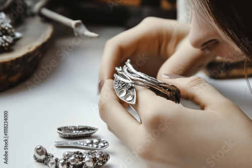 person examines handcrafted silver jewelry pieces with intricate designs, showcasing creativity and craftsmanship. focus is on detailed metalwork and artistic expression photo