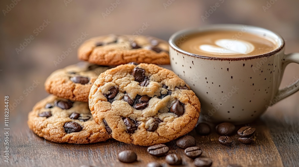 Coffee and chocolate chip cookies on wood. Coffee and chocolate chip cookies on wood.
