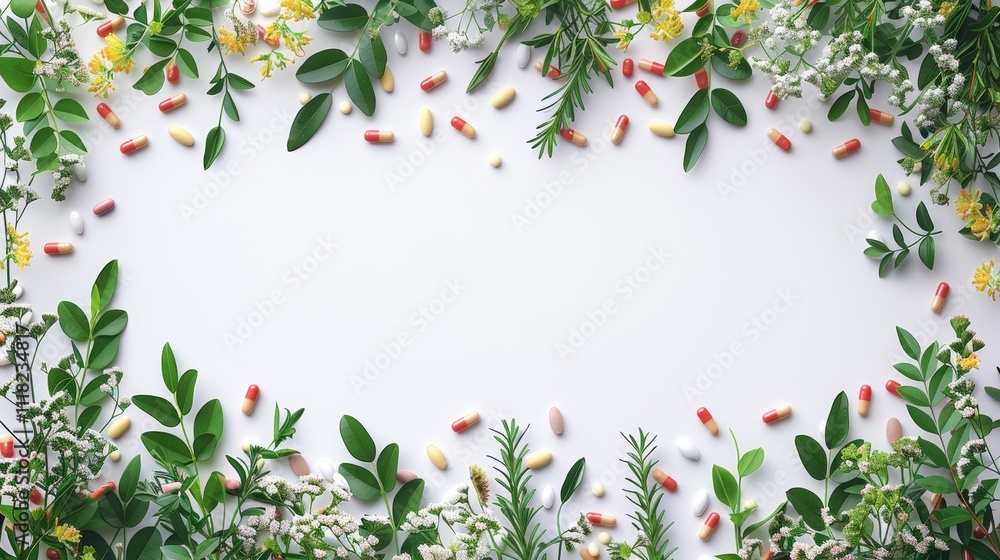 Frame Border Background with Health and Medical Elements Including Pills and Greenery on White Frame Border Background with Health and Medical Elements Including Pills and Greenery on White