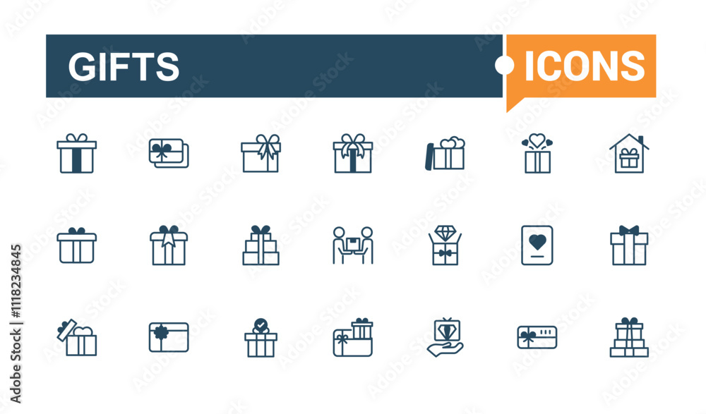 Gifts icon pack. Contains such icons as wrap, holiday, celebrate, pack, packaging, element, open, party. Solid line editable stroke. Gifts icon pack. Contains such icons as wrap, holiday, celebrate, pack, packaging, element, open, party. Solid line editable stroke.