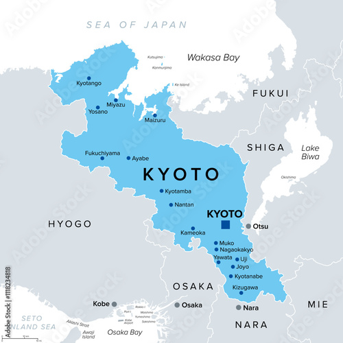 Kyoto Prefecture of Japan with capital of the same name, political map. Located in the Kansai region of Honshu on the Sea of ​​Japan bordering the prefectures Fukui, Shiga, Mie, Nara, Osaka and Hyogo.