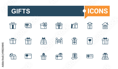 Gifts icon pack. Contains such icons as wrap, holiday, celebrate, pack, packaging, element, open, party. Solid line editable stroke.