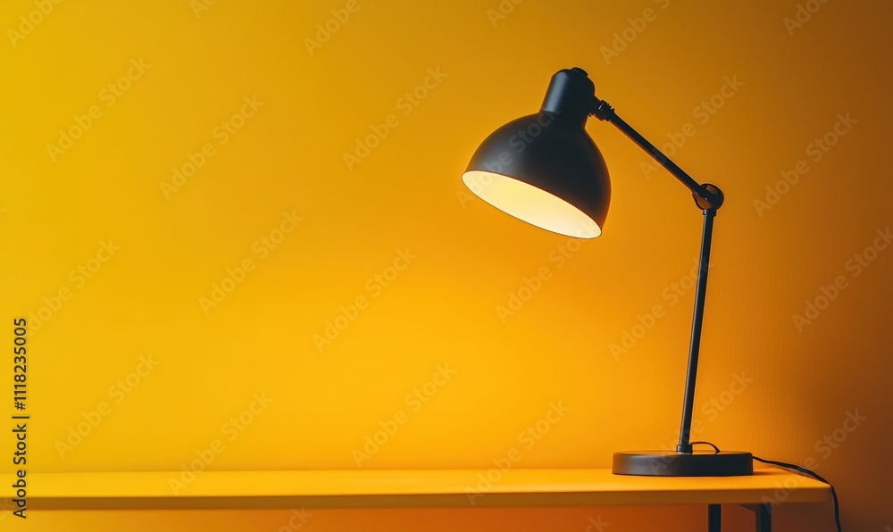 Stylish black desk lamp against a yellow wall Stylish black desk lamp against a yellow wall