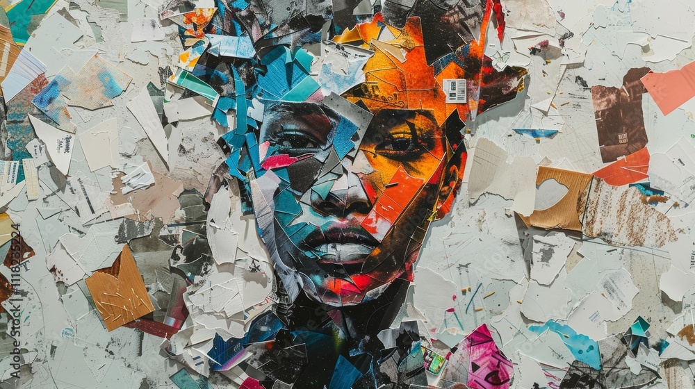 Fototapeta premium Vibrant Abstract Paper Arts Collage Featuring a Human Face with Colorful and Textured Paper Fragments