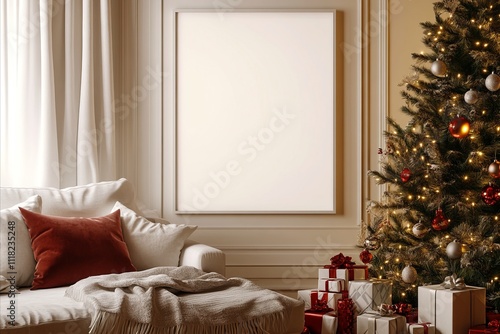 Poster mockup in a frame with copy space, in the interior of a New Year's living room with a festive tree. Concept of Christmas, New Year