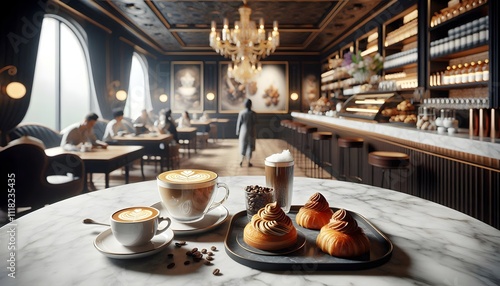 Coffee Shop Interior: Coffee, croissants, and a tall iced coffee on a marble table in a cafe.