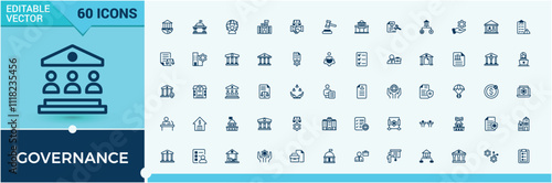 Governance icons. Related to business, esg, politics, corporate, neutral, environment and more. Pixel perfect. Vector line and solid icons.