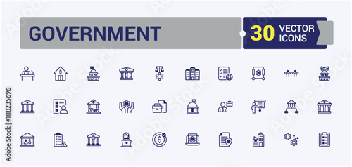 Government icon set. Includes thin line legal, esg, business, ar, government, diplomat and more. Vector illustration in modern line style.
