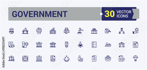 Government icon set. Includes thin line legal, esg, business, ar, government, diplomat and more. Vector illustration in modern line style.