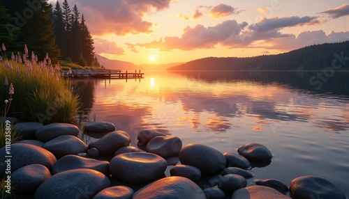 Serene Sunset Reflection Over Calm Lake with Pebbled Shoreline