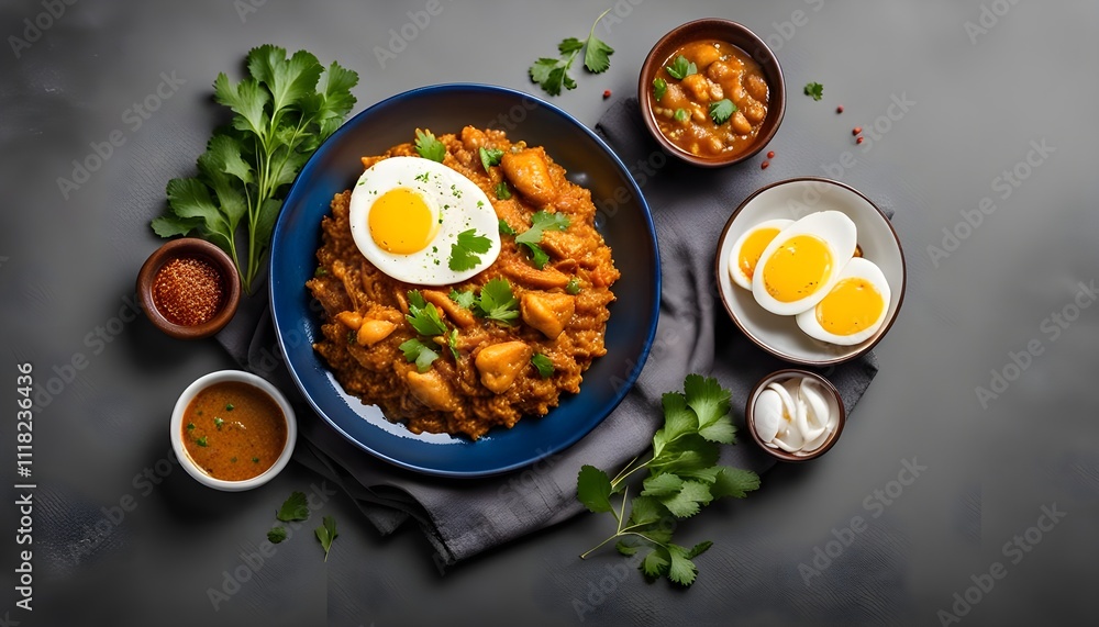 Chicken Bharta with boiled egg served in dish isolated on grey background top view of indian and bangladesh food
Chicken Bharta with boiled egg served in dish isolated on grey background top view of indian and bangladesh food