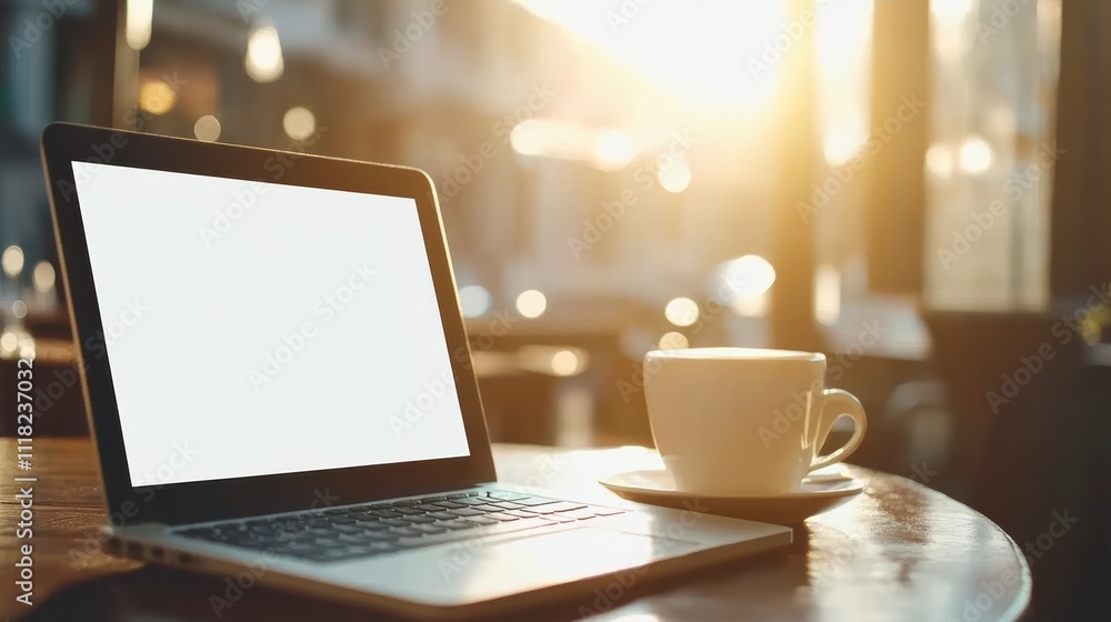Laptop with blank screen and latte on coffee table in warm light Laptop with blank screen and latte on coffee table in warm light