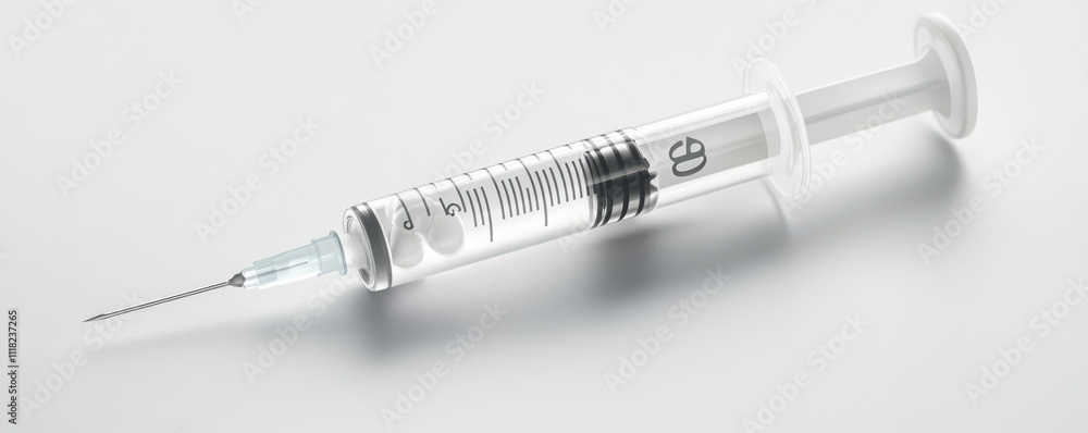 A clear syringe filled with a liquid, positioned on a light background, commonly used for medical injections or vaccinations. A clear syringe filled with a liquid, positioned on a light background, commonly used for medical injections or vaccinations.