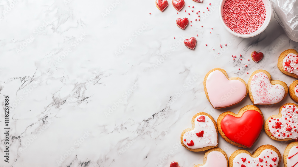 A white background with a bunch of heart shaped cookies on it A white background with a bunch of heart shaped cookies on it