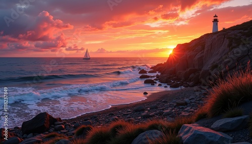 Sunset Over Cliffside Lighthouse with Rocky Shoreline and Waves