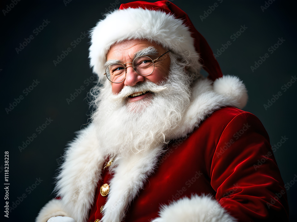 Naklejka premium Santa Claus, Christmas, holiday, festive, jolly, cheerful, red suit, white beard, glasses, hat, gloves, boots, fur trim, pointing, smiling, merry, Saint Nicholas, Kris Kringle, Father Christmas, holid