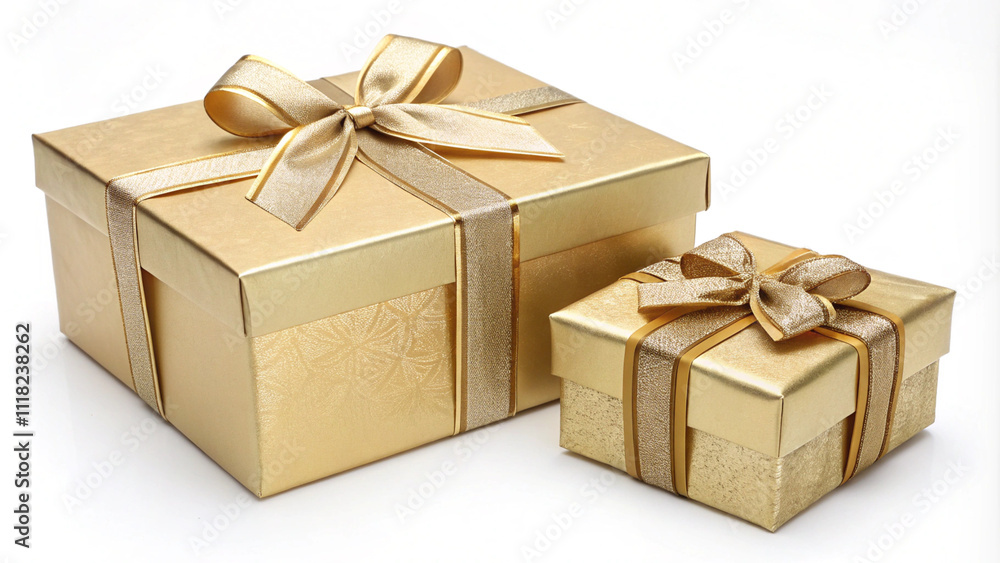 Two Gold Gift Boxes with Elegant Ribbons Two Gold Gift Boxes with Elegant Ribbons