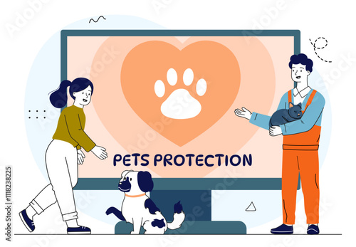 Pets protection online. Man and woman with cat and dog near computer. Generosity and charity. Activists and volunteers with domestic animals. Linear vector illustration