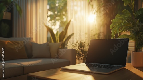 Wallpaper Mural Silver laptop on wooden coffee table in sunlit living room Torontodigital.ca