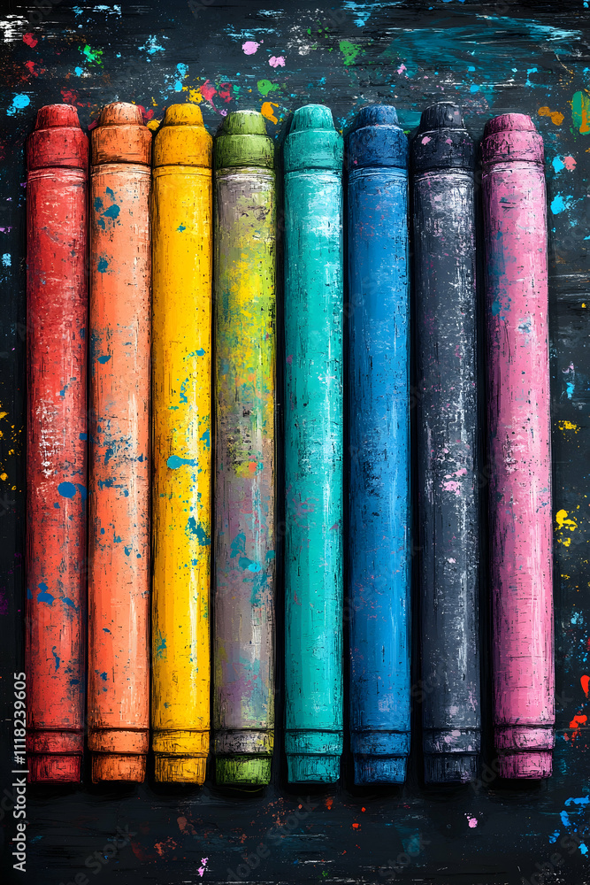 Colorful, used crayons arranged in a row on a dark surface. Colorful, used crayons arranged in a row on a dark surface.