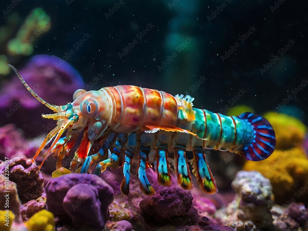 Vibrant Rainbow Mantis Shrimp In Coral Reef Habitat Vibrant Rainbow Mantis Shrimp In Coral Reef Habitat