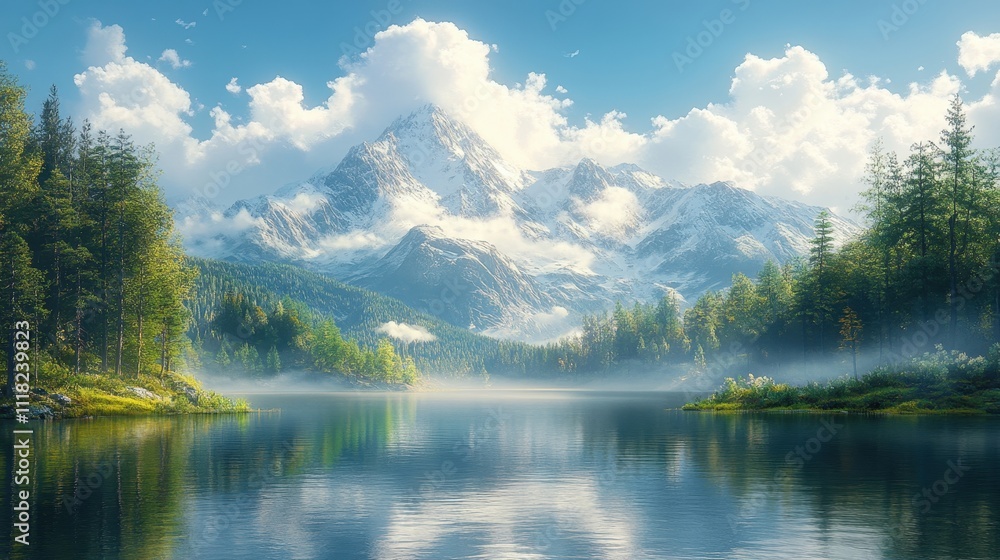 Serene Landscape with Majestic Mountains and Lake Serene Landscape with Majestic Mountains and Lake