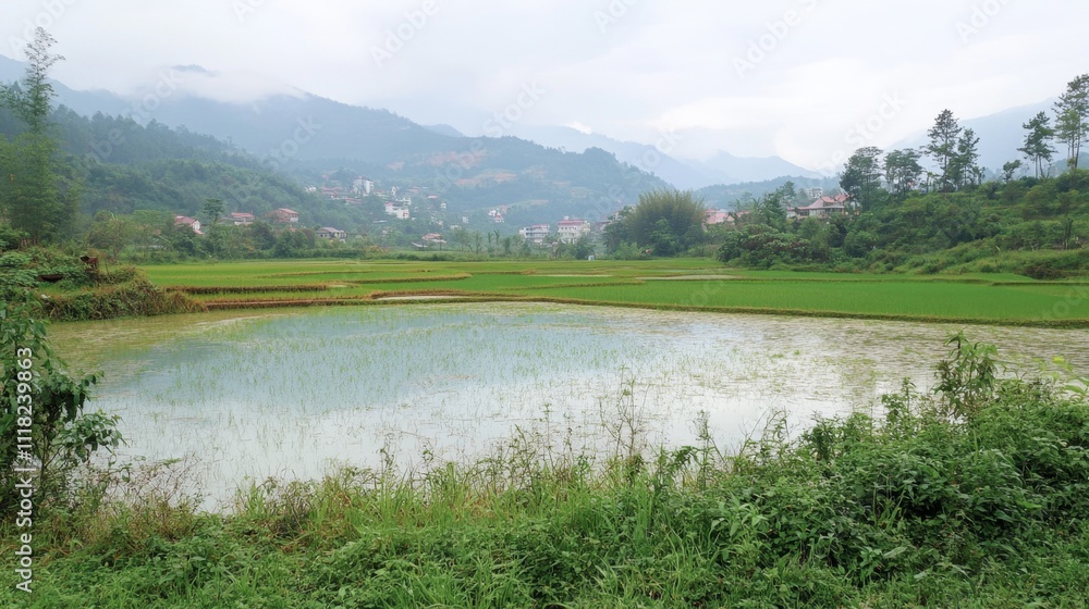 Serene Rice Paddies and Misty Mountains Serene Rice Paddies and Misty Mountains