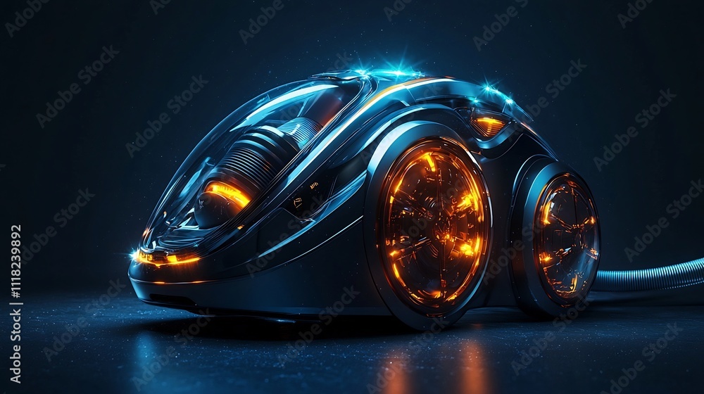 Futuristic Vacuum Cleaner with Glowing Attachments and Sleek Metallic Finish Futuristic Vacuum Cleaner with Glowing Attachments and Sleek Metallic Finish