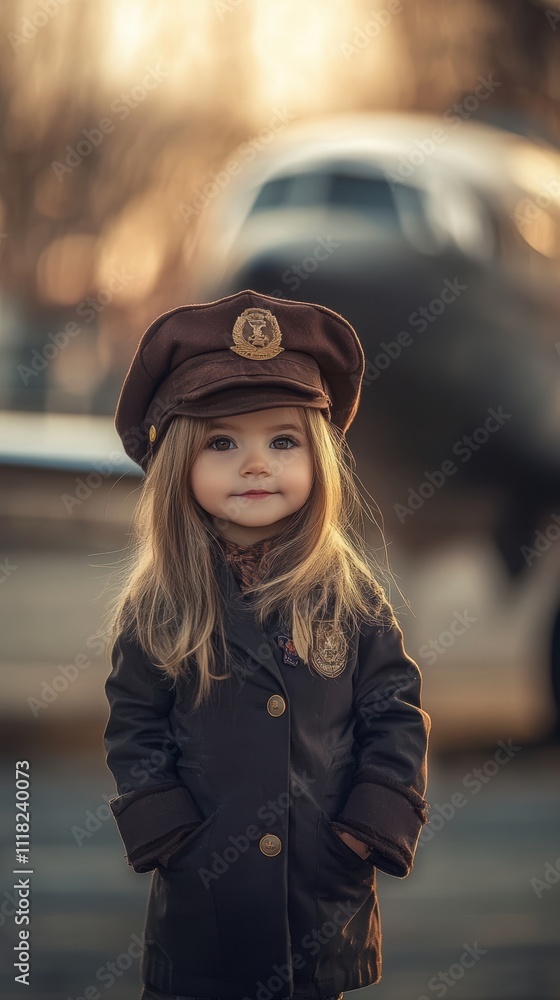 Confident girl in pilot uniform with airplane and hangar background Confident girl in pilot uniform with airplane and hangar background