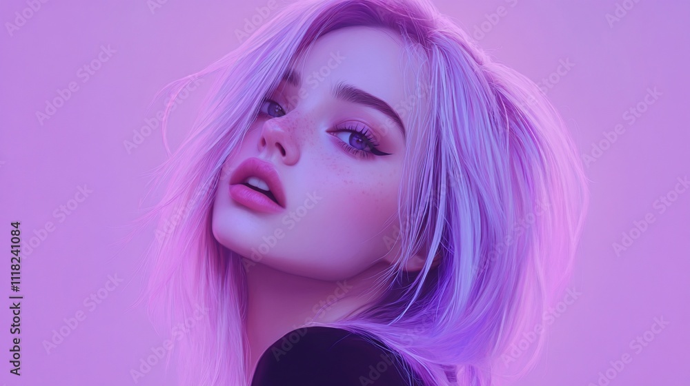 Fototapeta premium Portrait of a woman with vibrant purple hair, soft focus, and captivating gaze against a gradient purple background.