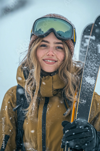 Portrait of a girl holding skis on top of a mountain. for the banner. for advertising.