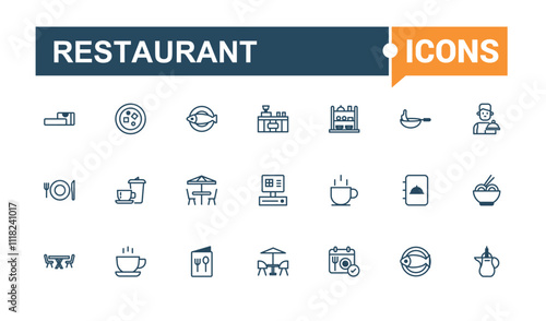 Set of Restaurant line icons. Featuring editable stroke, check, business, glyph, stroke, lunch, editable and more. Minimalist thin linear icon. Vector outline and solid icons collection.