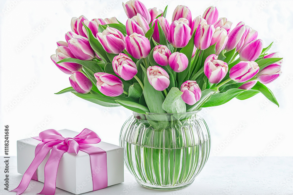 Pink tulips in a glass vase with a gift box on a white background. for backgrounds. for the banner. for postcards. Pink tulips in a glass vase with a gift box on a white background. for backgrounds. for the banner. for postcards.